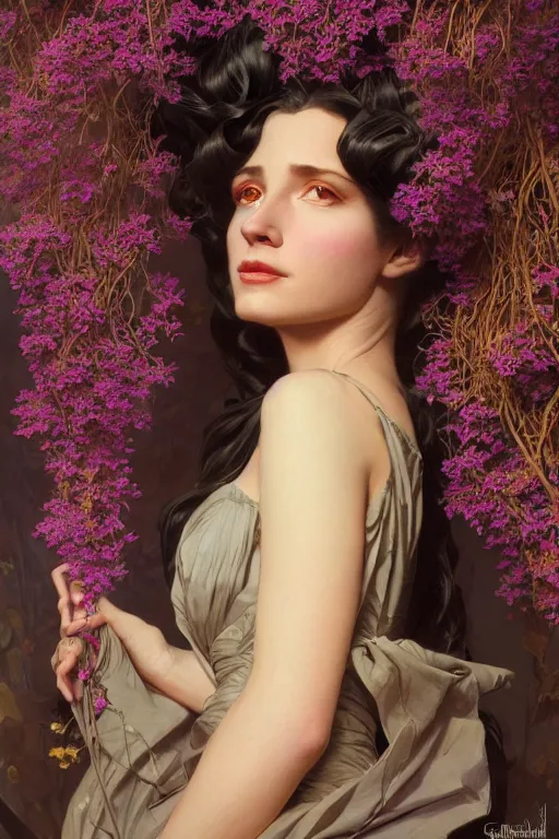 Prompt: sargent and leyendecker and greg hildebrandt highly detailed portrait of a woman with long hair, wearing a gown made of dark flowers, stephen bliss, unreal engine, by greg rutkowski, loish, ferdinand knab, ilya kuvshinov, rossdraws, tom bagshaw, alphonse mucha, global illumination, radiant light, detailed and intricate environment