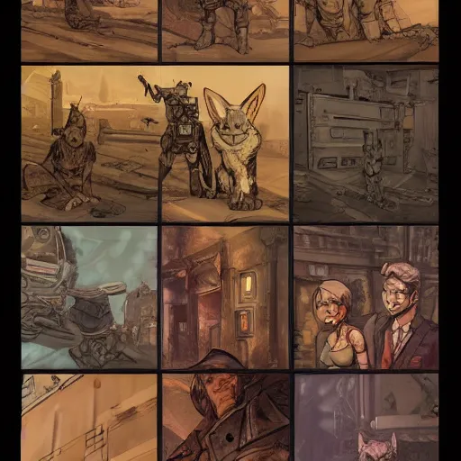 Image similar to fallout 5, concept art drawings of the opening scene, storyboard, concept art, comic style, female protagonist and armoured feline companion, atmospheric lighting, painted, intricate, volumetric lighting, beautiful, gritty, rich deep colours masterpiece, sharp focus, ultra detailed by jack kirby, ignacio fernandez rios, thierry doizon