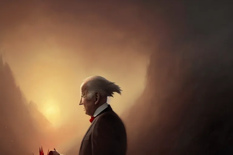 Image similar to Trump vs Biden, portrait, dark makeup, dark crown with magical ruby, painting by Studio Ghibli, Ivan Aivazovsky and Greg Rutkowski, artstation, fantasy, intricate, beautiful, cinematic, octane render, arnold render, 8k, hyper realism, detailed, sharp focus, 4k uhd, masterpiece, award winning