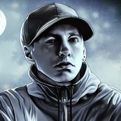 Image similar to eminem, on the moon, trending on artstation, anime style 4 k