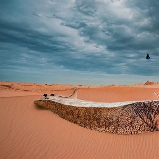 Image similar to 🐋🐳🐉🤖 in desert, photography by bussiere rutkowski andreas roch