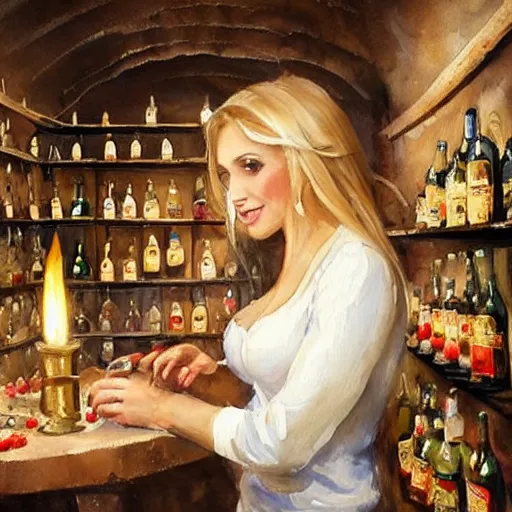 Image similar to hot blonde working in a wine cellar, food, pork, beer, schnapps, rustic, traditional, torches on the wall, watercolor by vladimir volegov