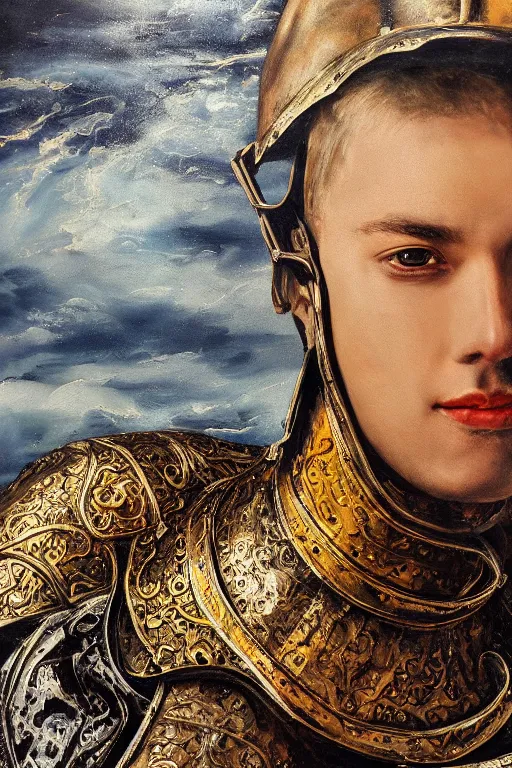 Image similar to hyperrealism oil painting, close-up portrait of medieval euopean fashion model, knight, steel gradient mixed with water swirls sky, in style of baroque mixed with 70s japan book art