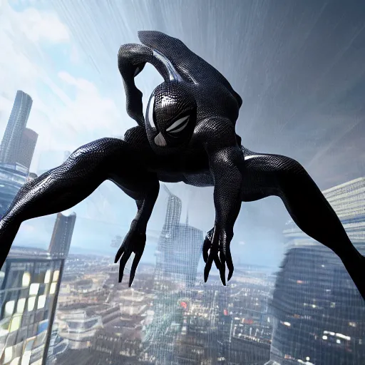 Image similar to a single venom and spider - man hybrid, dslr, cinematic, volumetric lighting, 8 k resolution, photorealistic