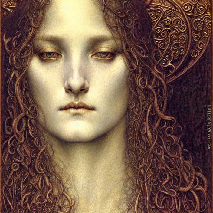 Image similar to detailed realistic beautiful young medieval queen face portrait by jean delville, gustave dore and marco mazzoni, art nouveau, symbolist, visionary, gothic, pre - raphaelite. horizontal symmetry