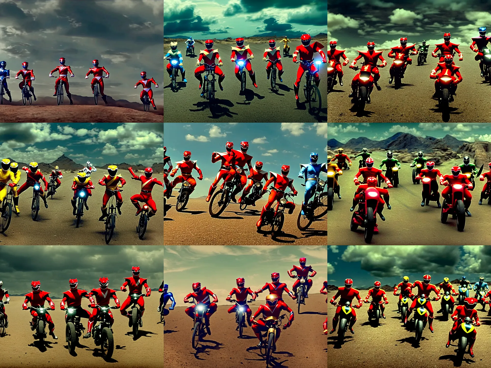 Prompt: action shot of power rangers racing on bicycles in a desolate landscape, dynamic poses, cinematic, filmic, film, atmospheric,