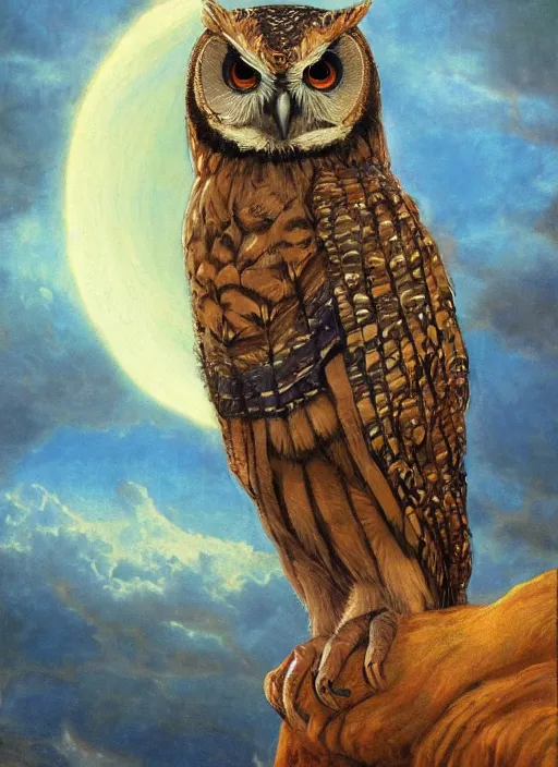 Prompt: biblical mage owl, deep gaze to the side, closeup, bright glowing veins, in clouds, sunset, portrait, by gerald brom, by mikhail vrubel, by terry richardson, by peter elson, muted colors, extreme detail, reflections, trending on artstation, 8 k