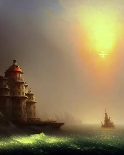 Prompt: unfinished building by ivan aivazovsky, steampunk poppy retro atlantis futuristic water biopunk gem cosmic, archdaily, wallpaper, highly detailed, trending on artstation.