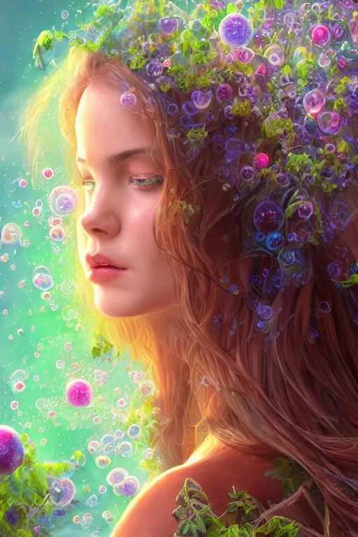 Prompt: elaborately ultradetailed close up portrait of an extremely beautiful girl surrounded by beautiful vines, flowers, a mist and ethereal rainbow bubbles, digital art painting, concept art, poster art, smooth, sharp focus, Aetherpunk, atmospheric lightning, highly detailed illustration highlights, Exquisite 8K detail post-processing, award winning picture, sense of awe, featured on DeviantArt