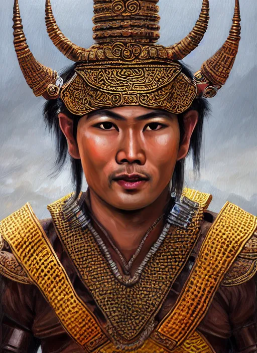 Image similar to smart ramkhamheang of sukhothai, closeup portrait, without beard and mustache, historical hero, ethnic group, tai costume, thai transitional bronze headdress, intricate, with leather armor cross on bare chest, elegant, loin cloth, highly detailed, oil painting, artstation, concept art, matte, sharp focus, illustration, hearthstone, art by earl norem