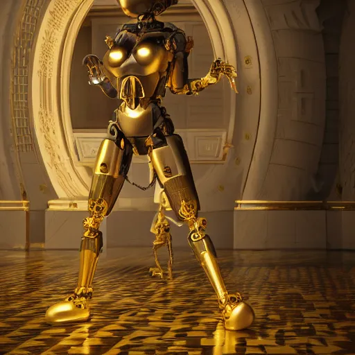 Image similar to octane render, a complex high poly cinematic 3 d model of a giant robotic android woman made out of porcelain with golden grout, jewel tone glowing eyes, fiber optic hair, inside a black rococo palace, 8 k, unreal enging, cinema 4 d, cinematic angle