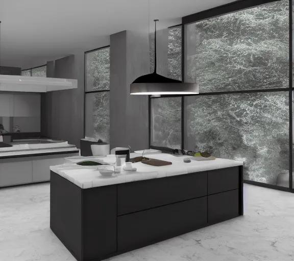 Prompt: brutalist black mansion luxury kitchen with 2 islands interior design minimalist organic, organic architecture furniture open space high quality octane render blender 8 k