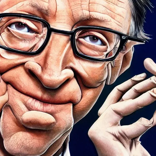 Image similar to bill gates holding a vaccine in his hand, Body horror, by Ralph Steadman