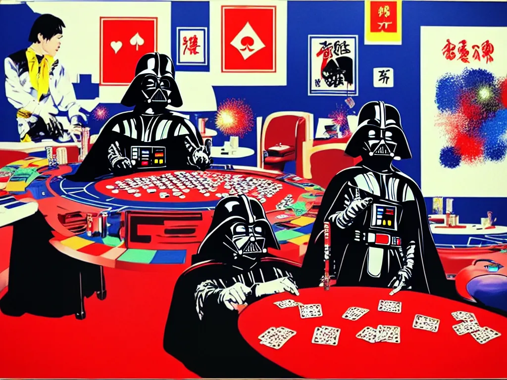 Image similar to hyper - realistic composition of a room with an extremely detailed poker table, croupier in traditional japanese kimono standing nearby, darth vader sitting at the table, fireworks in the background, pop art style, jackie tsai style, andy warhol style, acrylic on canvas