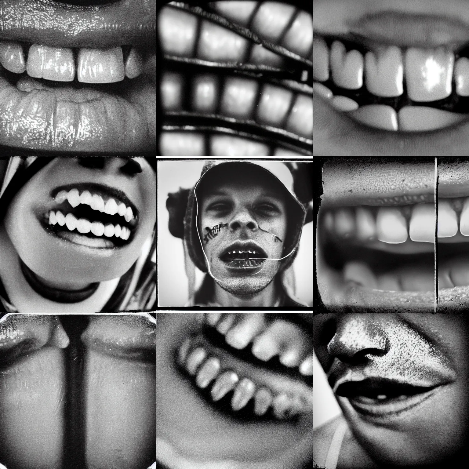 Prompt: close up man's shiny silver teeth grills, gritty grainy black and white expired film photograph, experimental vintage