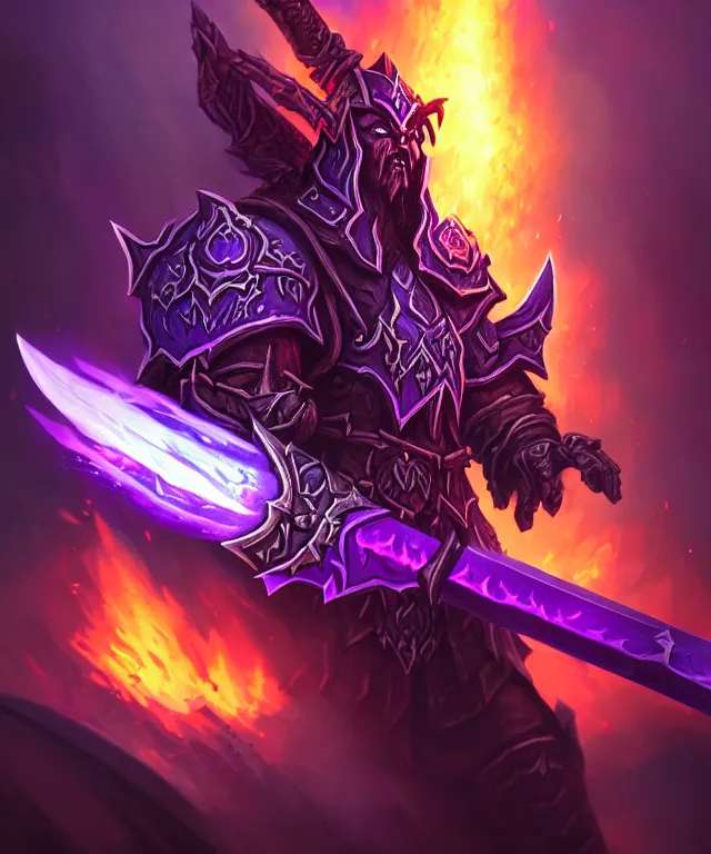 Image similar to dark world of warcraft blizzard weapon art, a burning sword, bokeh. dark art masterpiece artstation. 8k, sharp high quality illustration in style of Jose Daniel Cabrera Pena and Leonid Kozienko, violet colored theme, concept art by Tooth Wu