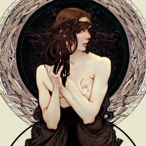 Image similar to A portrait of A beautiful!!!! angel in black flames by Ross Tran!! and alphonse mucha and greg rutkowski! and gustav doré!!,In style of digital art illustration.Symmetry.Highly detailed face.Fantasy,smooth,hyper detailed,sharp focus,Soft light.trending on artstation.4k