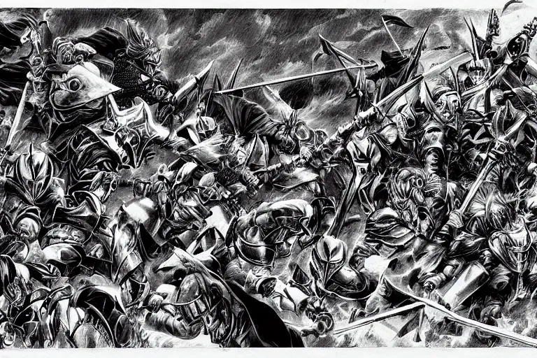 Prompt: epic battle scene of knights, high contrast, by kentaro miura