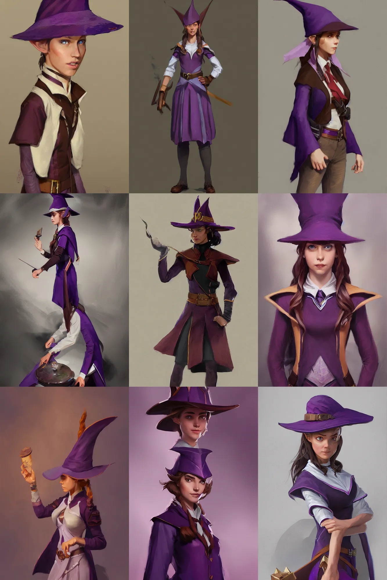 Prompt: half - elf female student of a magical academy wearing a purple and brown apprentice uniform with a fancy hat, painted by greg rutkowski, detailed, featured in artstation