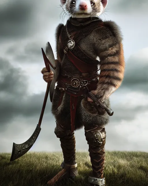 Image similar to ferret warrior, furry, fantasy, viking, high detailed, photography, cloudy, lightweight leather armour, scandinavia, plain, detailed face, look into the distance, serious face, full body, in full growth, professional photographer, masterpiece, 5 0 mm, extremely detailed, 3 d render, digital, 8 k