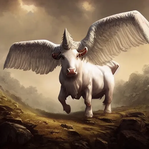 Image similar to a white bull with angelic wings, epic fantasy digital art, fantasy style art, by Greg Rutkowski, fantasy hearthstone card art style