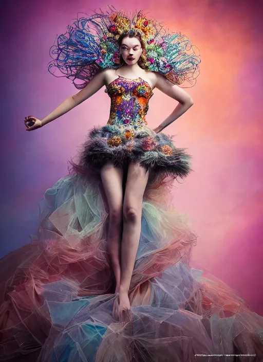 Image similar to expressive full body photo of anya taylor - joy, dress made of sweets and candies, glamour shot, by karol bak, stefan gesell, photorealistic, nikon d 4 x, fashion photography, hyper maximalist, elegant, ornate, luxury, elite, environmental portrait, symmetrical features, octane render, unreal engine, solid dark grey background, dramatic lights