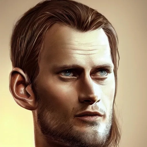 Prompt: A man who looks like a mixture between Ryan Golsing, Alexander Skarsgård and Antony Starr, wearing beige sweatee, scifi, highly detailed portrait, digital painting, artstation, concept art, smooth, sharp foccus ilustration, Artstation HQ.
