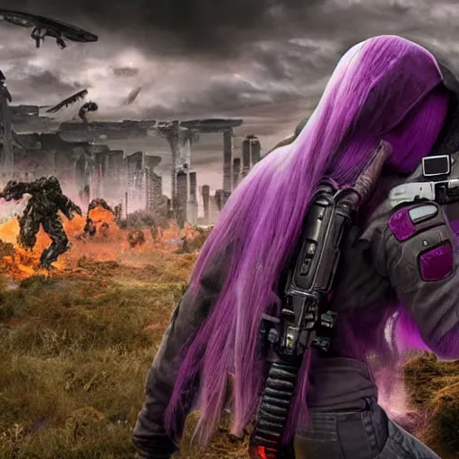 Image similar to apocalyptic world, doom game like look, female in hoodie in the middle, purple hair, shooting the monsters, 8 k, photorealistic, hyper realistic, full detail