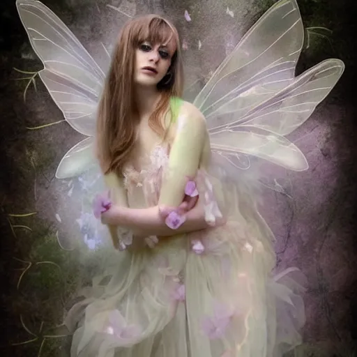 Prompt: a beautiful magical fairy with transparent gauzy raiments flirting and teasing and beckoning from her flower
