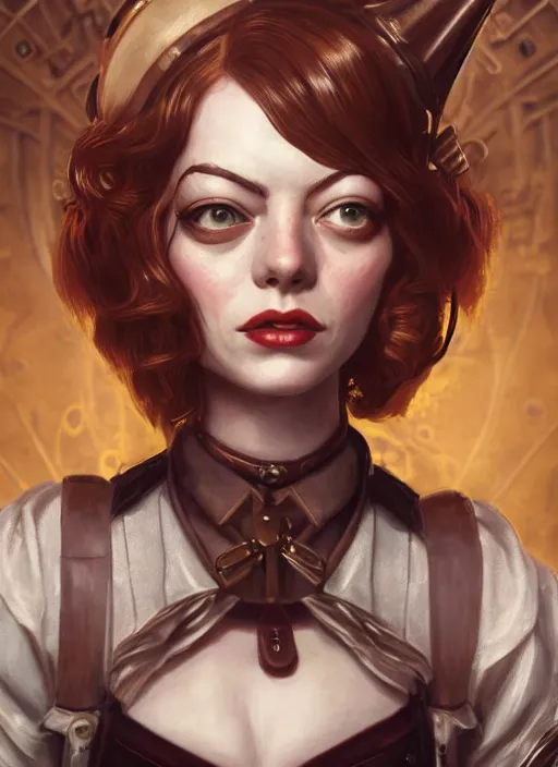 Image similar to Bioshock steampunk portrait of Emma Stone, au naturel, hyper detailed, digital art, trending in artstation, cinematic lighting, studio quality, smooth render, unreal engine 5 rendered, octane rendered, art style by klimt and nixeu and ian sprigger and wlop and krenz cushart.