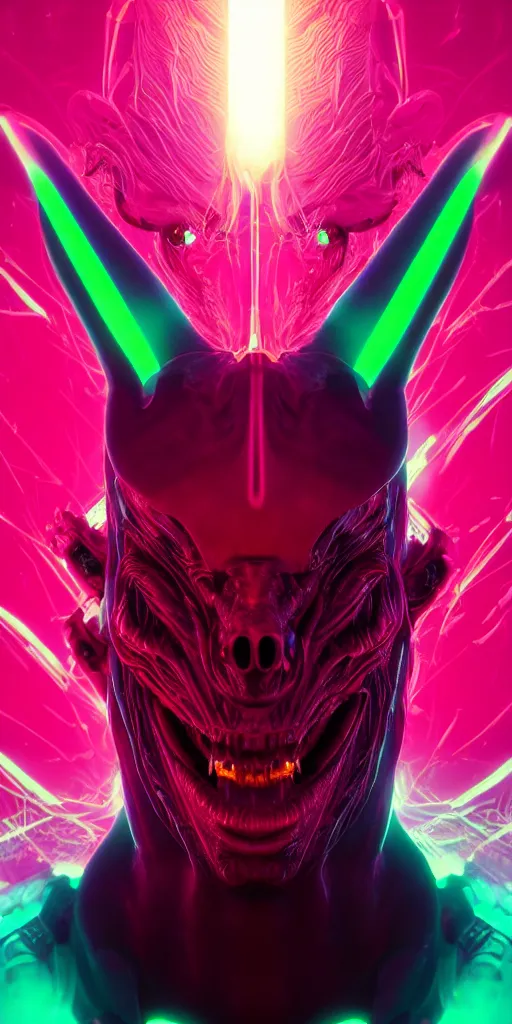 Image similar to synthwave demonic alien face with neon horns, detailed face, sharp focus, synthwave art, aesthetic, octane render, raw, cinematic