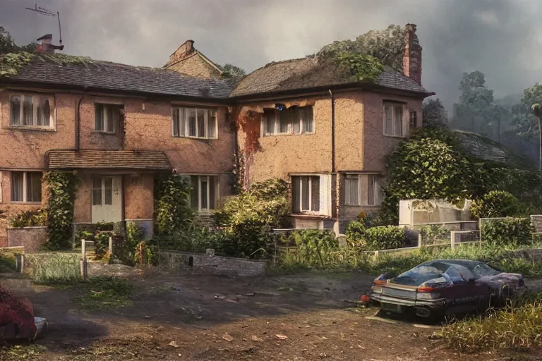 Image similar to cyberpunk, an estate agent listing external photo of a 5 bedroom detached house in the countryside, by Paul Lehr, highly detailed, photorealistic, 8k, anamorphic, cinestill cinematrography