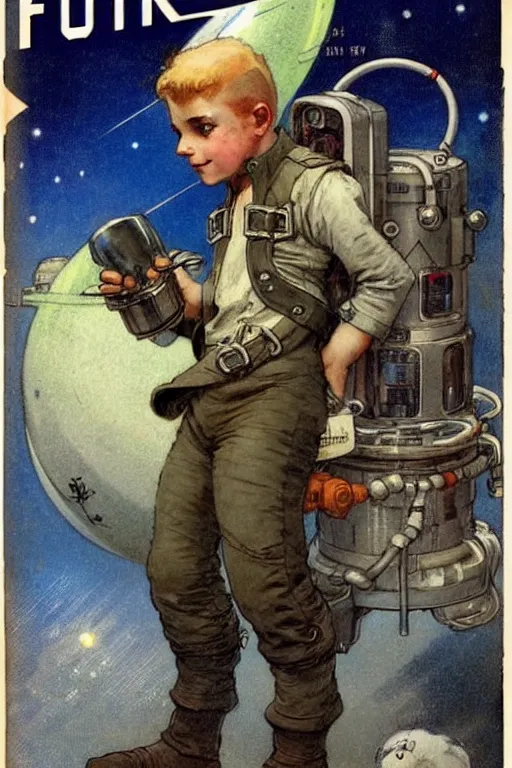 Prompt: ( ( ( ( ( 2 0 5 0 s retro future 1 0 year old boy super scientest in space pirate mechanics costume full portrait. muted colors. ) ) ) ) ) by jean baptiste monge, pulp cover!!!!!!!!!!!!!!!!!!!!!!!