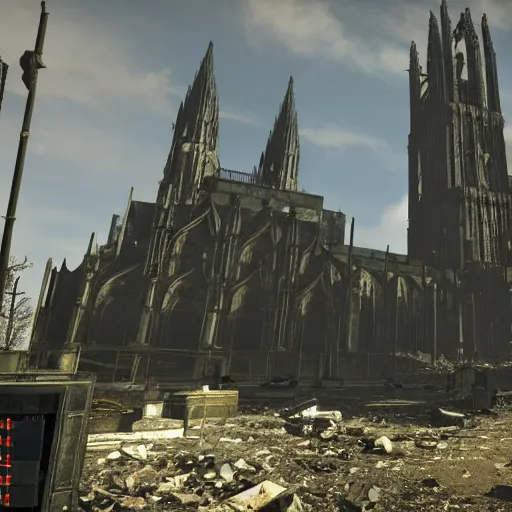 Image similar to Aachen Cathedral in ruins post-nuclear war in Fallout 4, in game screenshot