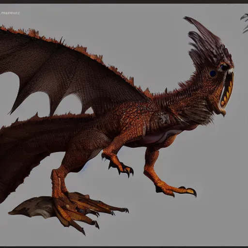 Image similar to medium sized brown feathered wyvern that stands on 2 legs with razor sharp teeth and sharp claws, extremely detailed, 4 k, photorealistic, artstation