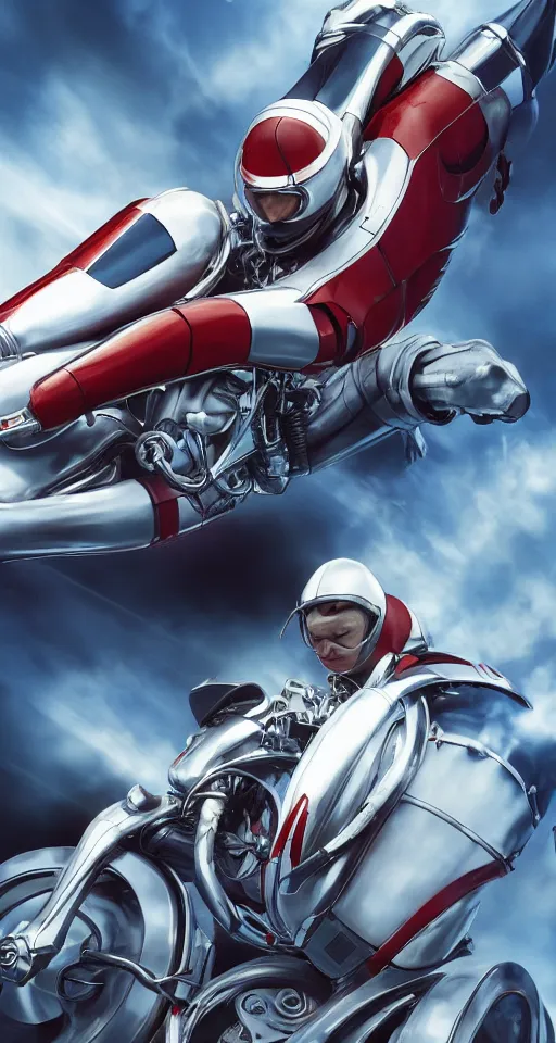 Image similar to Speed Racer Designed By Moebius Yasushi Nirasawa and HR Giger, full body action pose, hyperrealistic, octane render, HDR, volumetric lighting,