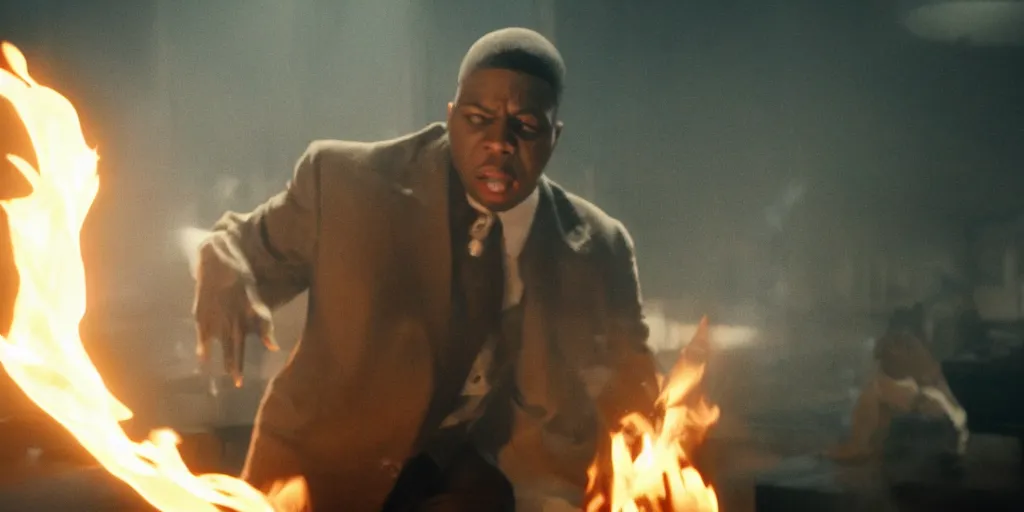 Image similar to a film still of cash money on fire while piling up in a vault, shallow depth of field, cinematic, award winning cgi, vfx, film still