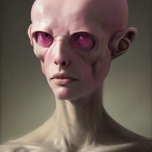 Image similar to a professional face portrait of a light matte and sticky pink strange creature from the thing movie and alien movie and bogdanov, hight detailed painting by dani diamond, greg rutkowski and ilya repin, peter mohrbacher, joseph christian leyendecker, nice studio lighting, smooth tiny details, soft and clear shadows, low contrast, fashion photograhy, perfect