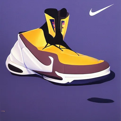 Prompt: retro futuristic Nike Lebron sneakers by syd mead, matte painting, geometric shapes