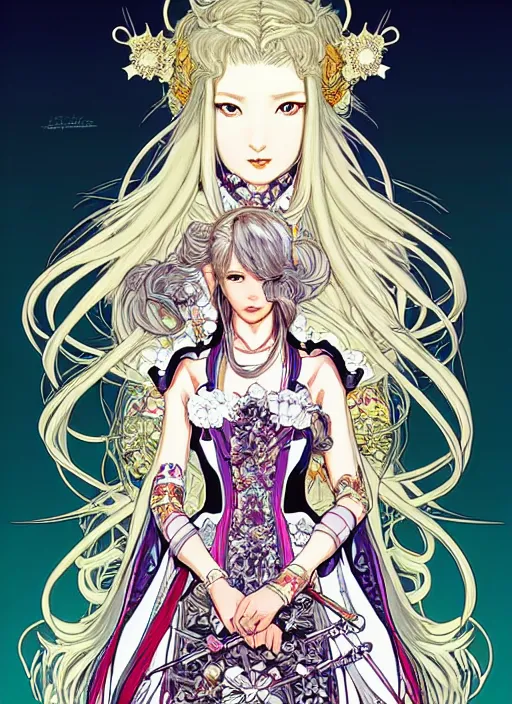 Prompt: highly detailed terada katsuya artgerm artstation final fantasy minaba hideo manga poster of princess mechine, long hair, armor, dress, laces, ruffles, 8 k, fluorescent, maximalist, jump comics, tomer hanuka, alphonse mucha