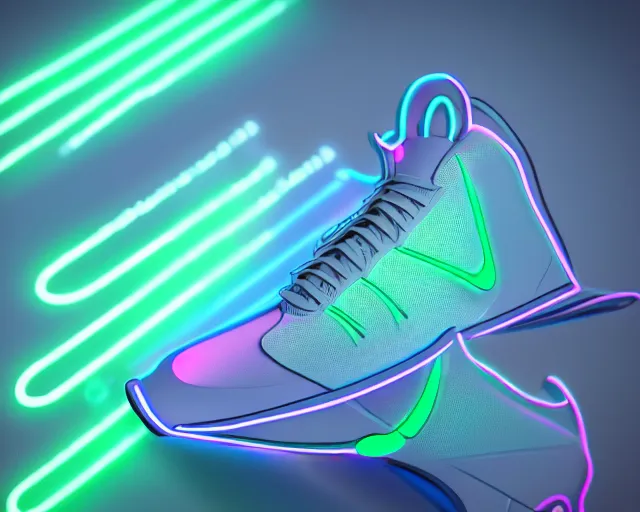 Prompt: A 3D concept design of futuristic nike sneakers with neon lights from below, unreal engine 5