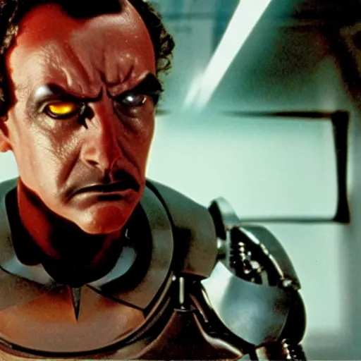 Image similar to movie still of a villain cyborg, facial expression, cinematic composition, cinematic light, by edgar allan poe and issac asimov