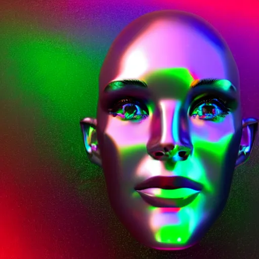 Image similar to 3d render of holographic human robotic head made of glossy iridescent, surrealistic 3d illustration of a human face non-binary, non binary model, 3d model human, cryengine, made of holographic texture, holographic material, holographic rainbow, concept of cyborg and artificial intelligence