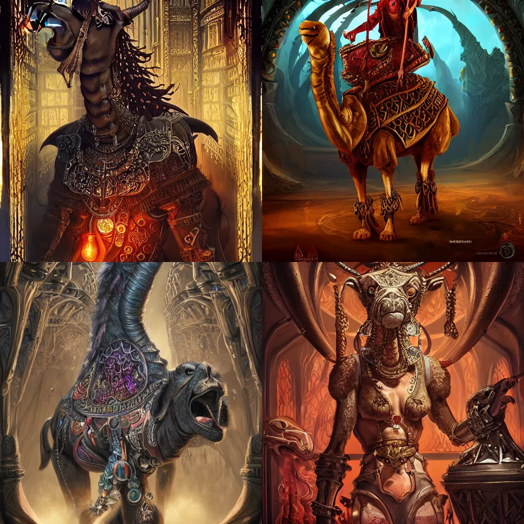 Prompt: Anthropomorphized Camel Alchemist mixing magical potions in a fantasy laboratory, menacing pose, concept art, insanely detailed and intricate, hypermaximalist, elegant, ornate, hyper realistic, super detailed, tribal red atmosphere, Art Deco, cinematic, trending on artstation, magic the gathering artwork