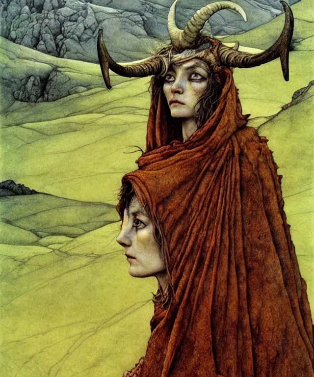 Image similar to A detailed horned lambwoman stands among the hills. Wearing a ripped mantle, robe. Perfect faces, extremely high details, realistic, fantasy art, solo, masterpiece, art by Zdzisław Beksiński, Arthur Rackham, Dariusz Zawadzki