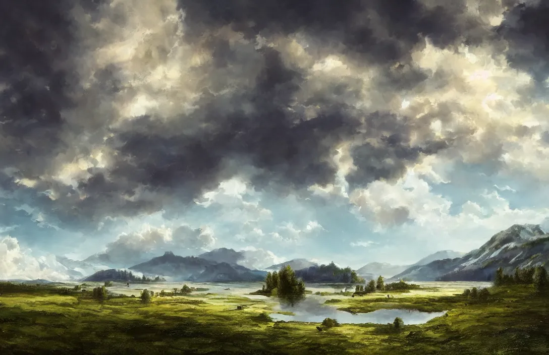 Prompt: a huge swiss green landscape, in the middle a large and quiet lake and beautiful cumulunimbus clouds in the style of spectrum, nicolas bouvier, detailed dreamscape, hyperreal phantastic, intricate details in environment, golden ratio, high aestehtic, cinematic light dramatic light, lightrays, flying birds in distance, photobash, hyperreal 4 k