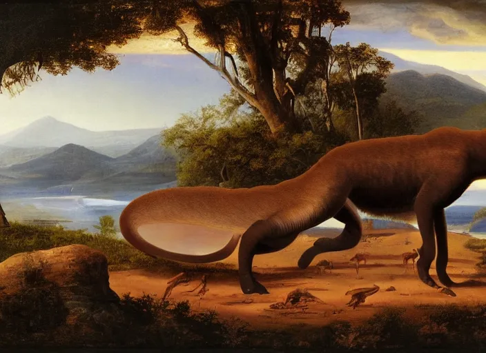 Image similar to the first mammals start to appear after the long impact winters, mammals such as the morganucodontids explore the new lands of the paleogene era of earth, in the style of hudson river school of art, oil on canvas