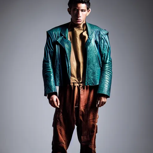 Prompt: an award - winning photo of a male model wearing a baggy teal distressed medieval leather menswear jacket by boris issey miyake, 4 k, studio lighting, wide angle lens