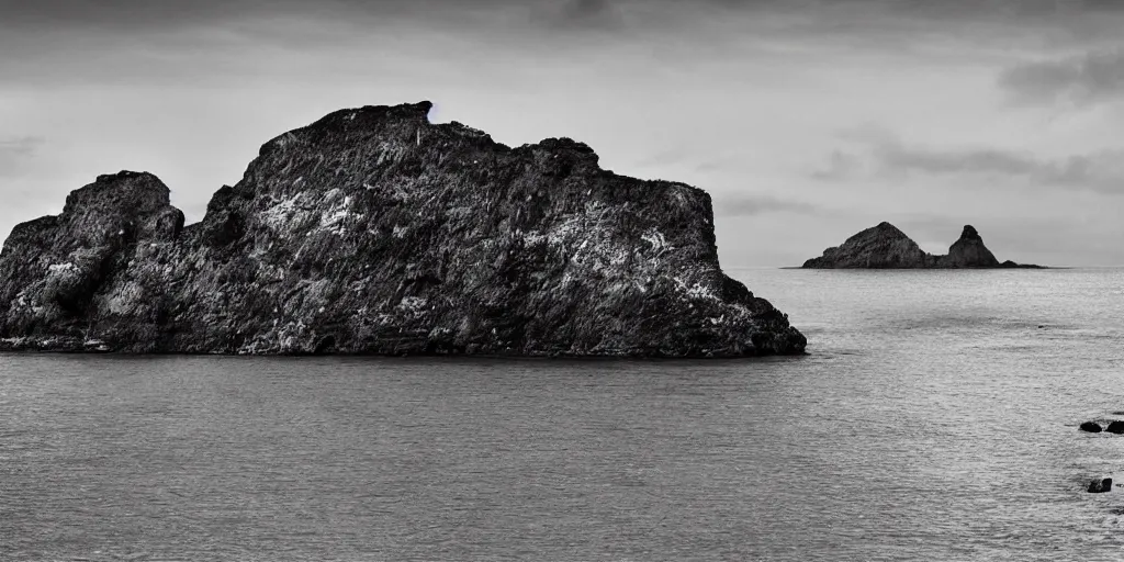 Image similar to black and white crystal cliffs surrounding an island, viewed from the ocean, high quality digital art,