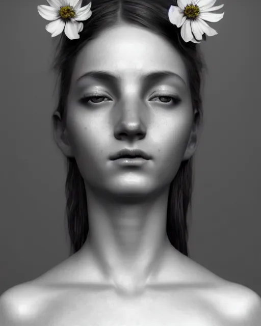 Image similar to dreamy, monochrome, subsurface scattering, white, young beautiful flower - cyborg goddess in cosmos, black and white, octane render, dino valls, mark ryden, highly detailed, rim light, art, cinematic lighting, very coherent, hyper realism, 8 k